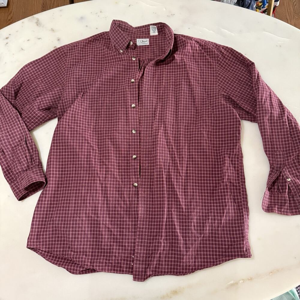 L.L.Bean Men’s L Regular Burgundy Red Plaid Check 100% Cotton Button Down Shirt